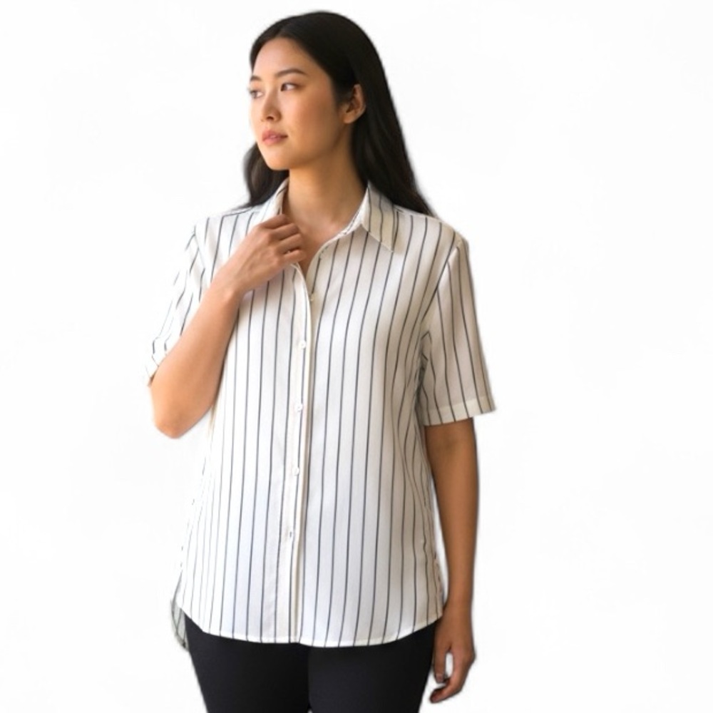 Modern Works White Striped Button-Down Blouse Size S – Relaxed Fit